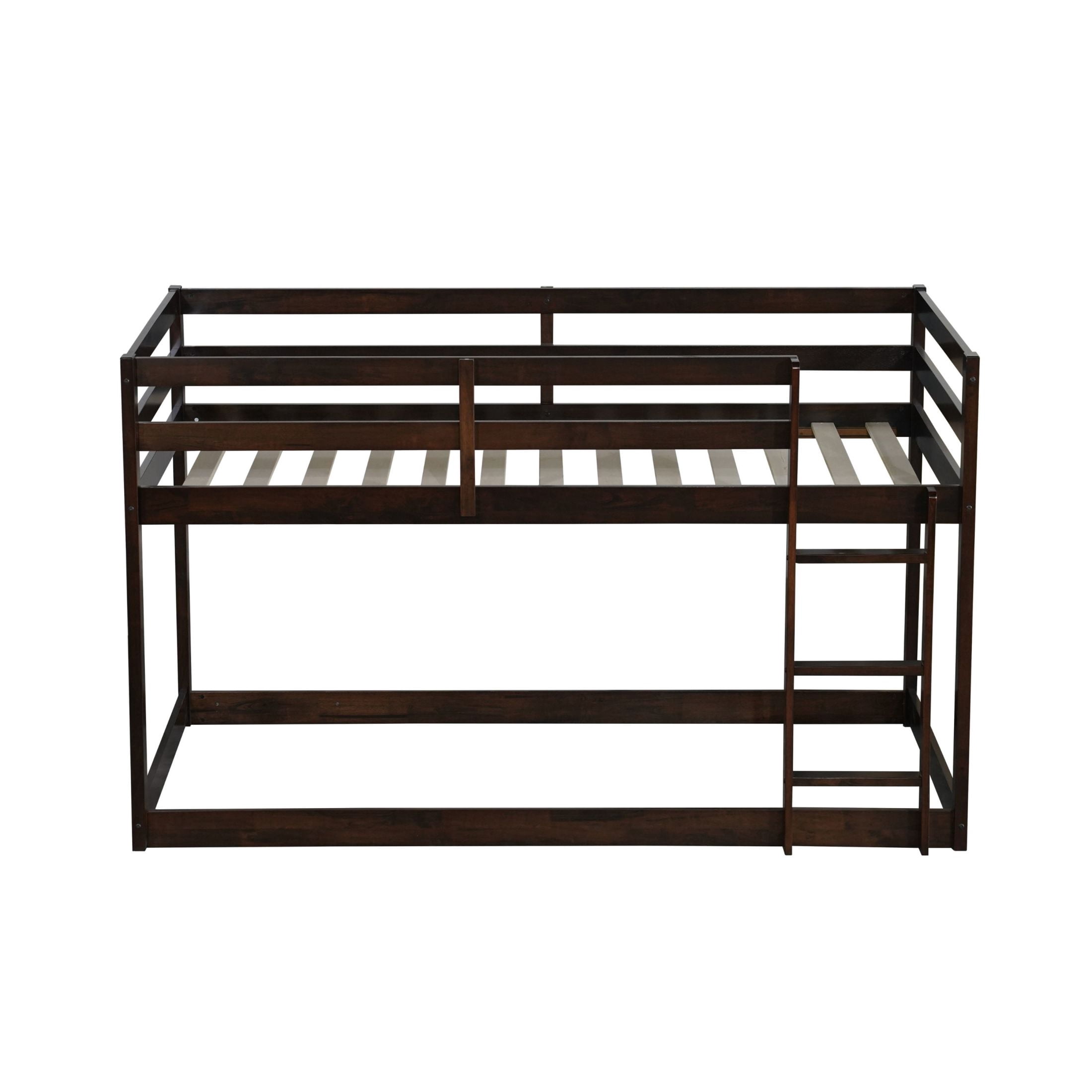 Noble House Jerome Twin Over Twin Floor Bunk Bed with Ladder, Solid Rubber Wood Frame with Strengthened Slats, Espresso