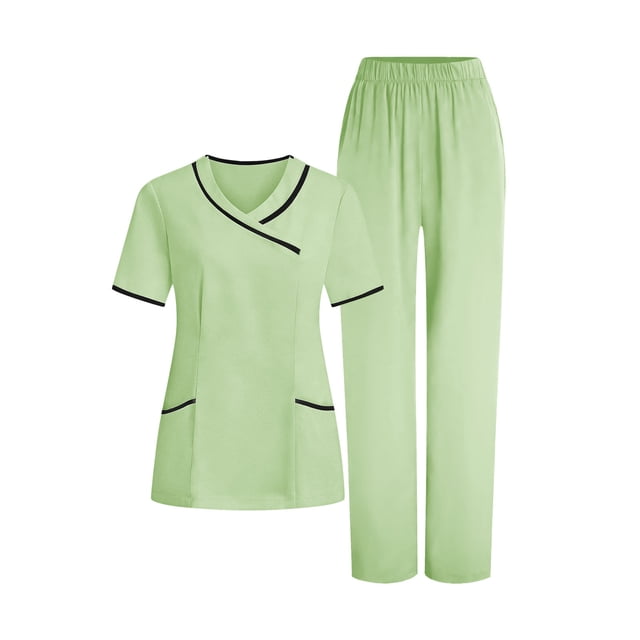 RXMEKW V-Neck Tunic And Pants Set For Women, 95% Polyester 5% Spandex, Short Sleeve Scrub Set