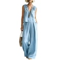 thumbnail image 3 of VBVC Women's V-Neck 2 Piece Pleated Set,Sleeveless Top and Wide Leg Pants For Women, Ladies' Breathable Summer Loungewear With Pockets,Blue,S-3XL, 3 of 9