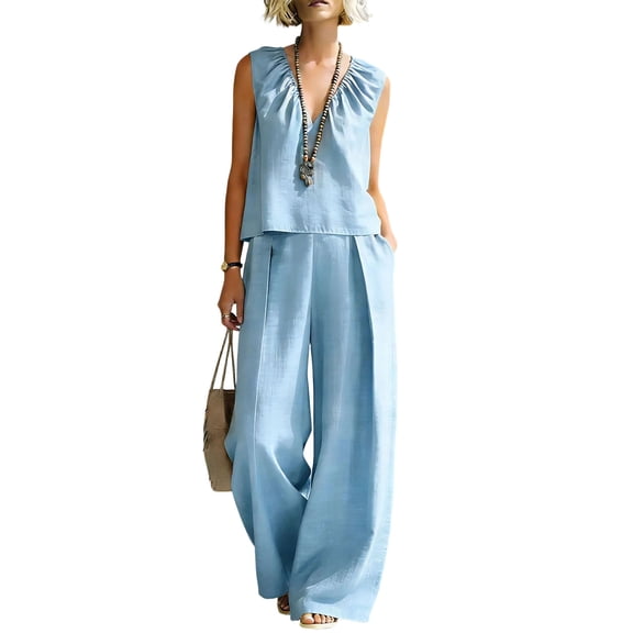 ibuvkizy Women's 2 Piece Linen Blend Outfit Set,Gathered Ruched V Neck Sleeveless Cropped Tank Tops & High Waist Pleated Wide Leg Floor Pants with Side Pockets,Coastal Minimal Vacation Matching Suit