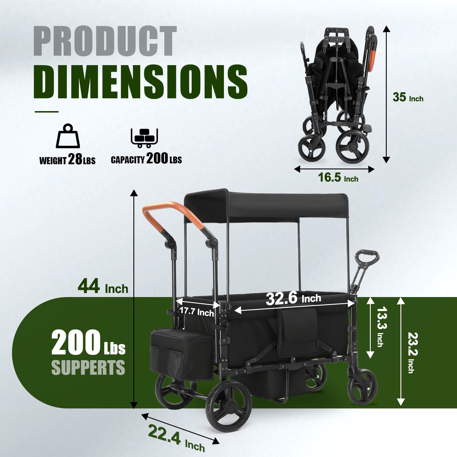 Wagon Stroller for 2 Kids, 3 in 1 Push and Pull Foldable Wagon with Footwell, All-Terrian Wheels, Includes Adjustable Canopy, Ample Organizer, 5 Point Harness (Black)