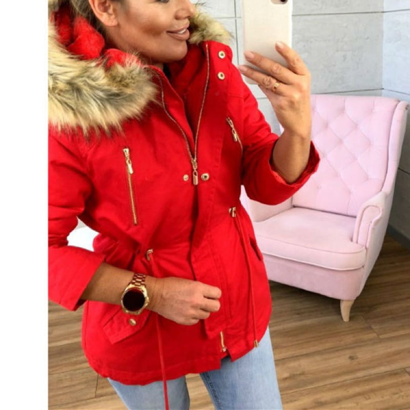 womens red coat with fur hood