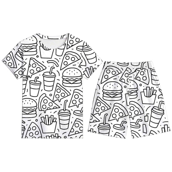 REDARER Boys 2-Piece Pajama Set, Doodle Fast-Food Print Short Sleeve Tee & Shorts, Comfortable Summer Sleepwear,13-14 Years