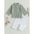 thumbnail image 2 of Wassery Toddler Boys Fall Outfits Cotton Hemp Long Sleeve Buttons Shirts Tops and Elastic Waist Long Pants 6M 12M 18M 24M 3T 4T Infant Baby 2Pcs Casual Clothes Set, 2 of 8