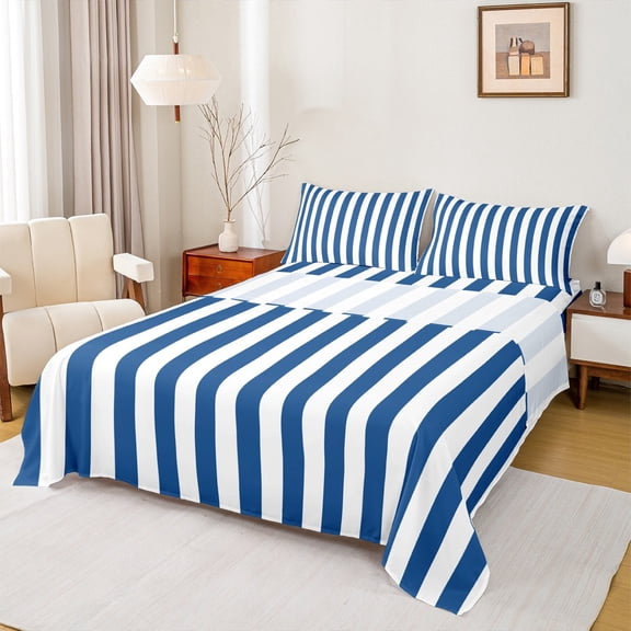 Feelyou Blue Abstract Teens Bed Sheets, Modern Geometric Lines King Sheets, Farmhouse Ticking Stripes Sheet Set, Luxury Bedroom Decor, 4pcs