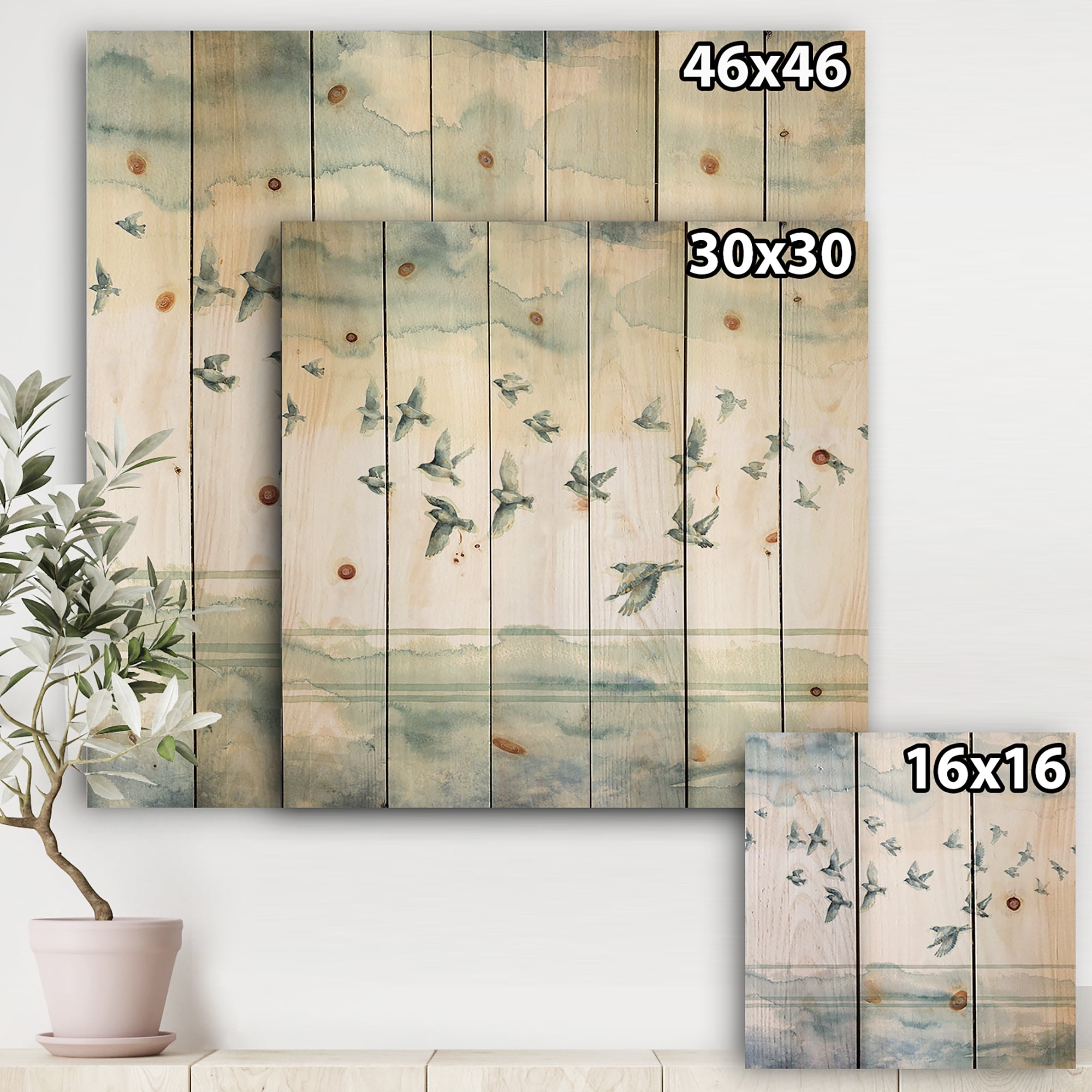 Designart 'Indigold Bird Cottage Family VII' Animals Print on Natural Pine Wood