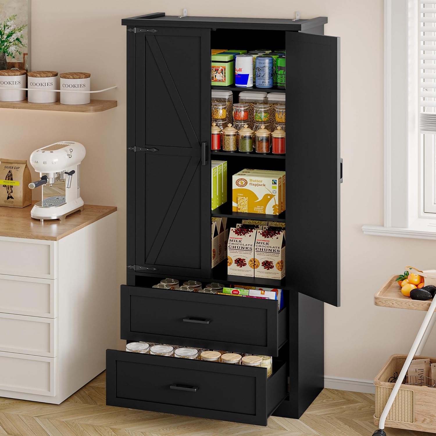 FANRAL 71” Tall Pantry Organizers and Storage Cabinet with Barn Doors & Drawers,Adjustable Shelf for Kitchen Dining Room Living Room Bathroom Office,Black Pantry Cabinet
