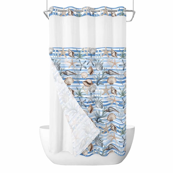 Summer Marine Creature No Hook Shower Curtain with Snap in Liner, Waterproof Fabric Shower Curtains, Ocean Starfish Coral Conch Blue Stripe Shower Curtain Set Top See Through for Bathroom 54"x78"