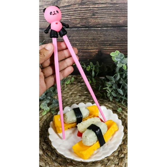 Hot Pink Love Giant Panda Reusable Training Chopsticks Set With Silicone Helper