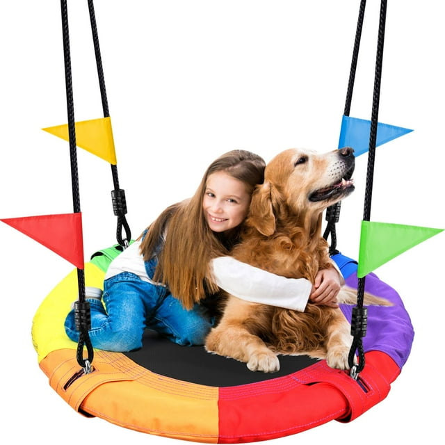 Odoland Saucer Kid Tree Swing - 900D Waterproof Oxford Platform Outdoor Round Flying Saucer Swing for Backyard wirh Adjustable Hanging Ropes for 12 Y