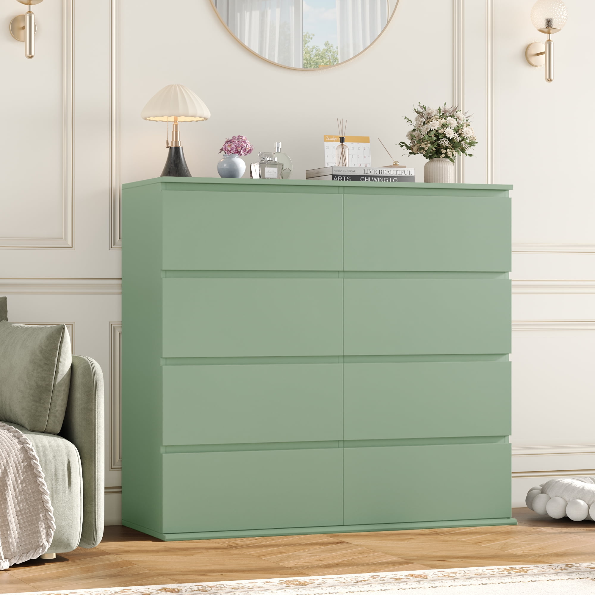 Homfa 8 Drawer Dresser for Bedroom, Horizontal Dresser Chest with Easy Pull Bevel Handle, Storage Cabinet for Living Room, Green