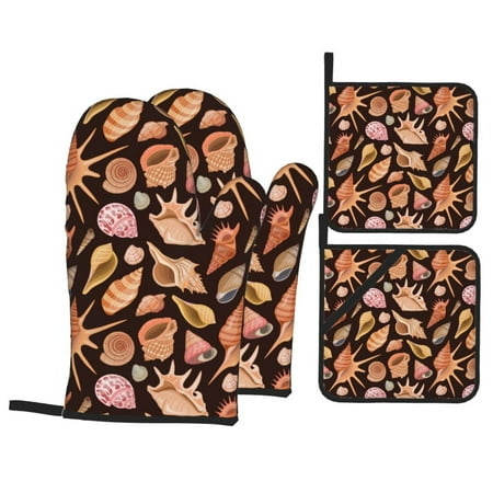 

Oven Mitts and Pot Holders 4 pcs Set Conch Shells Print No.9071 Heat Resistant Pot Holders Oven Mitts for kitchen Non-Slip Hanging Loop Oven Glove Potholders for Baking Cooking