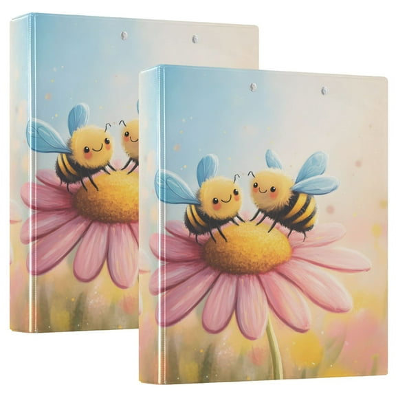 joogoo Hand Draw Cute Bees Flower Hardcover 3 Ring Binder 1.5" Round Rings Interior Pockets Binders Organizer 2 Pack