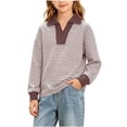thumbnail image 2 of Lutiedan Striped Sweatshirt for Girls Fall Winter V Neck Pullover Tops Casual Long Sleeve Warm Sweatshirts Size 5-15,Brown, 2 of 6