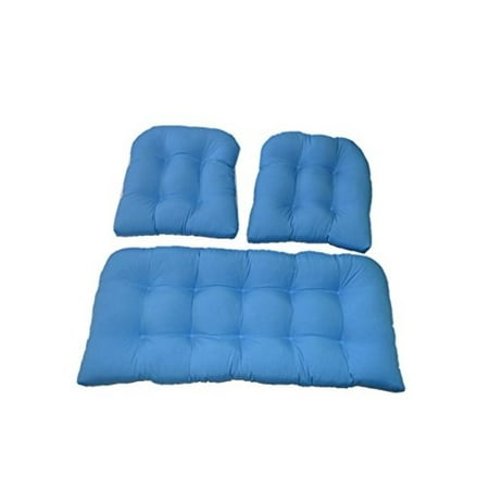 3 Piece Wicker Cushion Set Loveseat Settee 2 Chair Cushions Solid Pool Blue