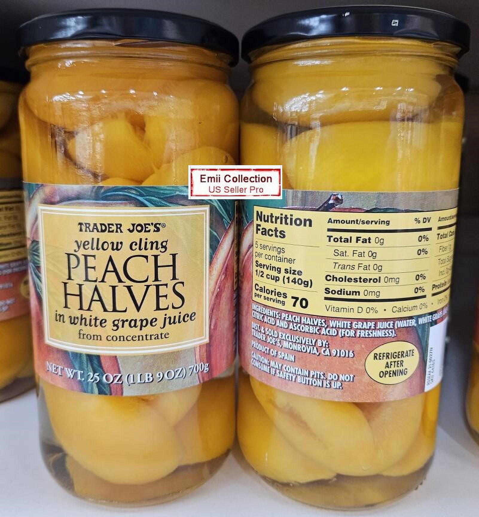Trader Joe's Yellow Cling Peach Halves in white grape juice from concentrate 25oz 700g (2 Bottles)