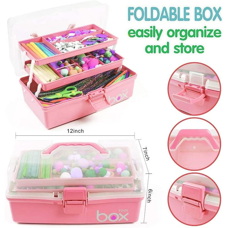 12in Three-Layer Multipurpose Storage Box Organizer Folding Tool Box / Art  & Crafts Case / Sewing Supplies Organizer / Medicine Box / Family First Aid  Box with 2 Trays (Pink) 