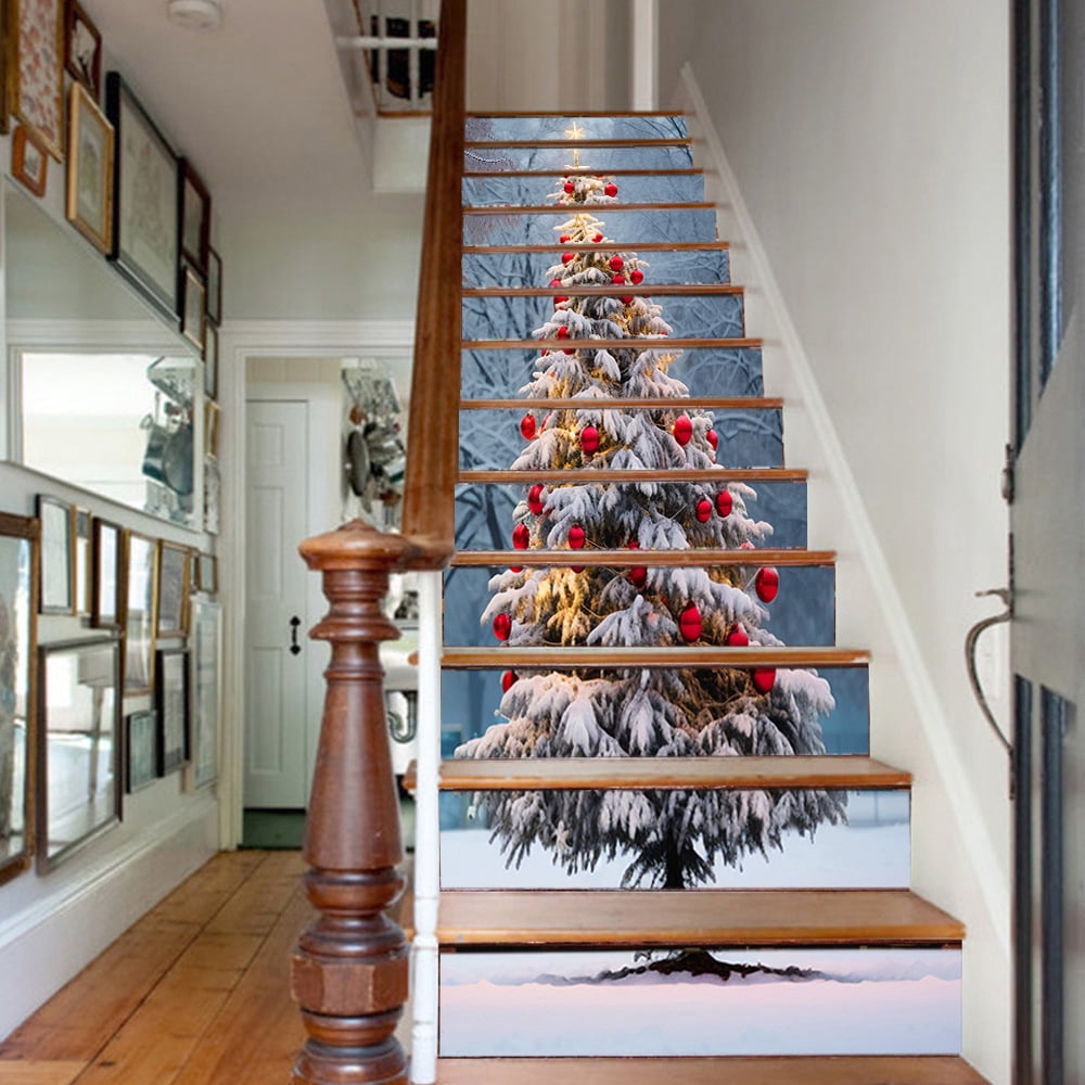 Self-Adhesive Stair Decals, Christmas Decoration Stair Stickers Decals Peel and Stick Vinyl Stair Risers Stickers for Steps, Xmas Tree DIY Home Decorations, 39.4'' W X 7.1'' H