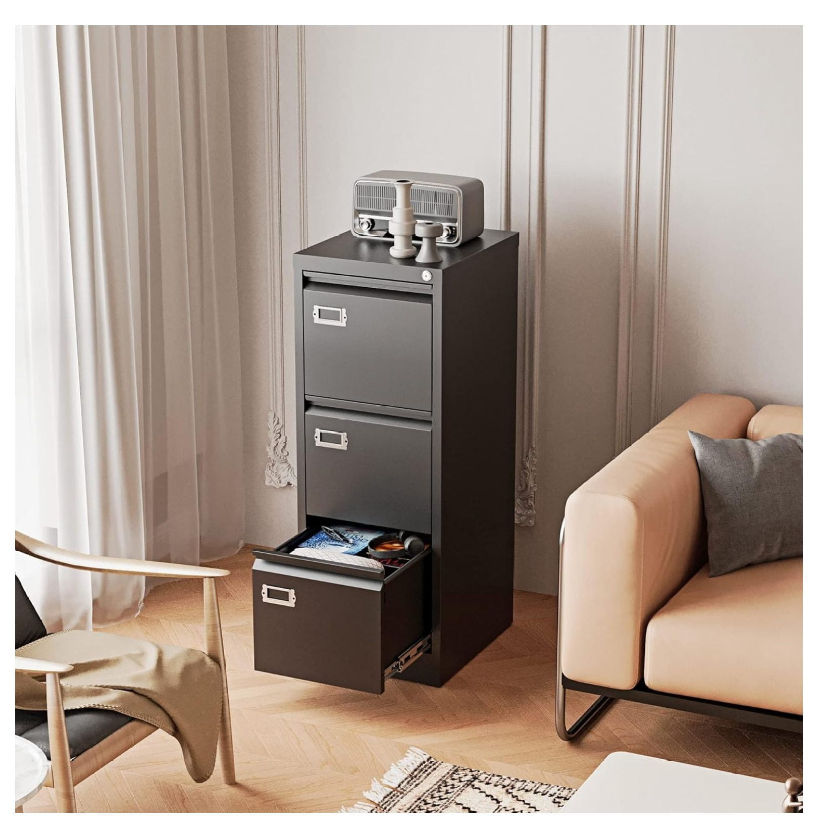 Vertical File Cabinets - 3 Drawers 17.8" Deep Lockable Filing Cabinet - Metal Storage Cabinets for Home Office to Hanging Files Letter/Legal/F4/A4 Size 3 Drawres Black