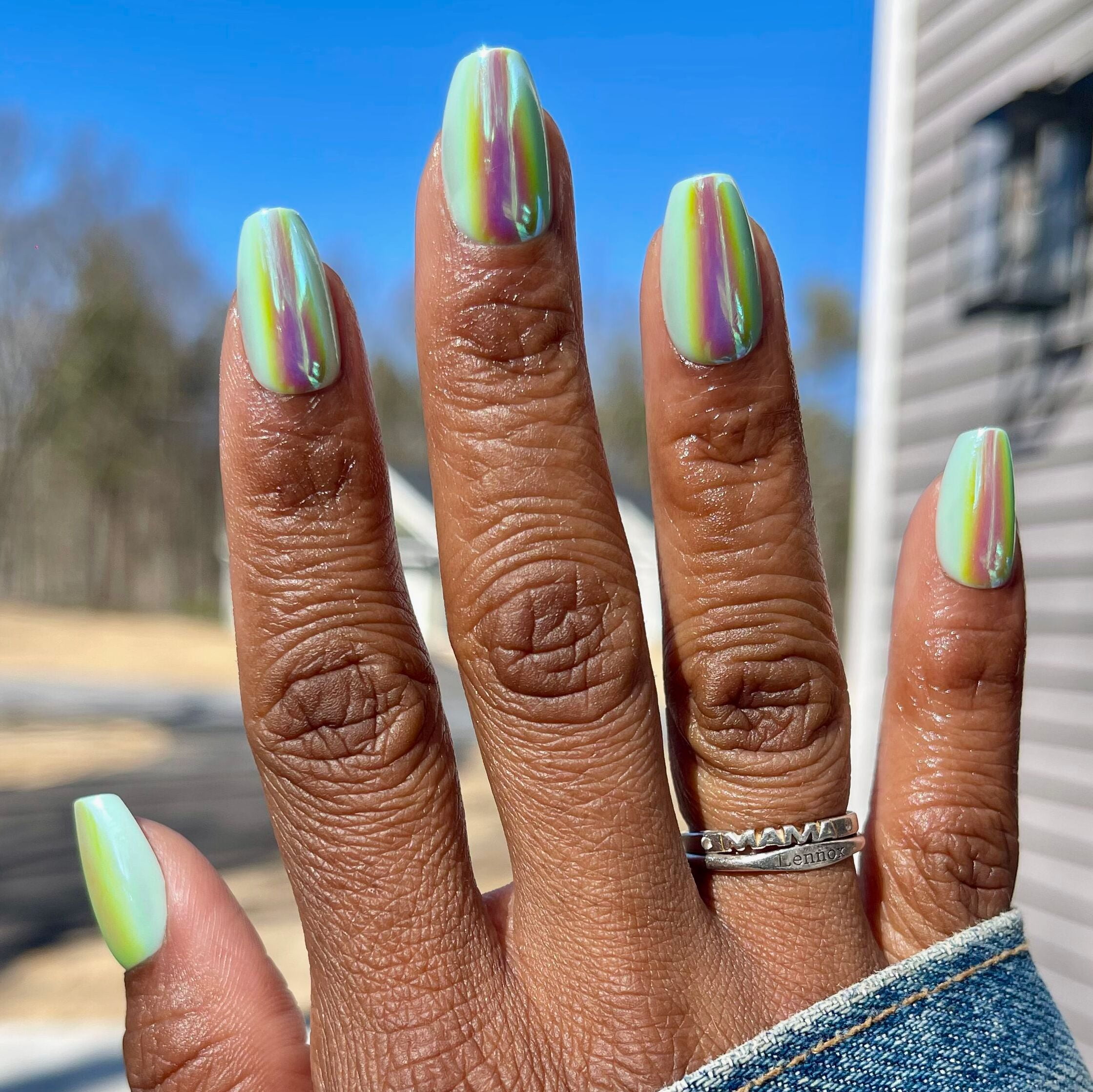 Olive & June + Bubble Instant Mani Medium Coffin Press-on Nails, Teal Glass Chrome, 42 Pieces