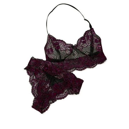 

BIZIZA Lace Teddy Bra and Panty Sets for Women Sexy Halter Lingerie Babydoll Eyelash Lingerie Set Hot Pink L