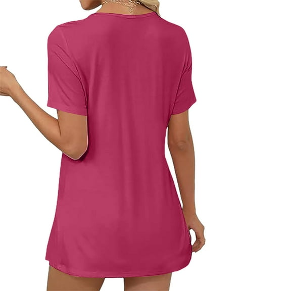 UJNDER Women's V Neck Short Sleeve Front Knotted Warm Top for Casual Solid Tops and Everyday Outfits Hot Pink XL