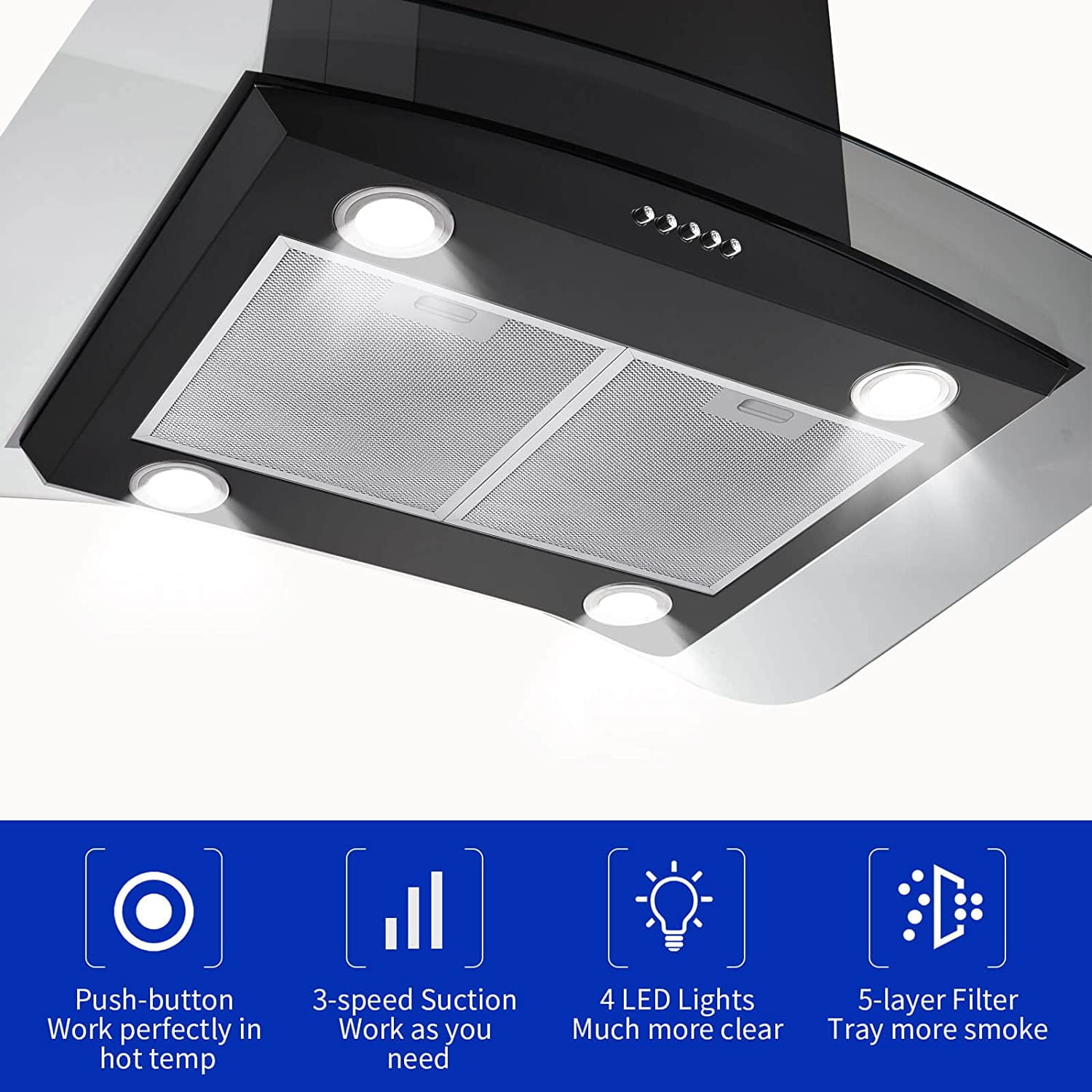 Island Range Hood 30-inch Kitchen 3-Speed Extractor Fan Vent Hood Airflow 900CFM