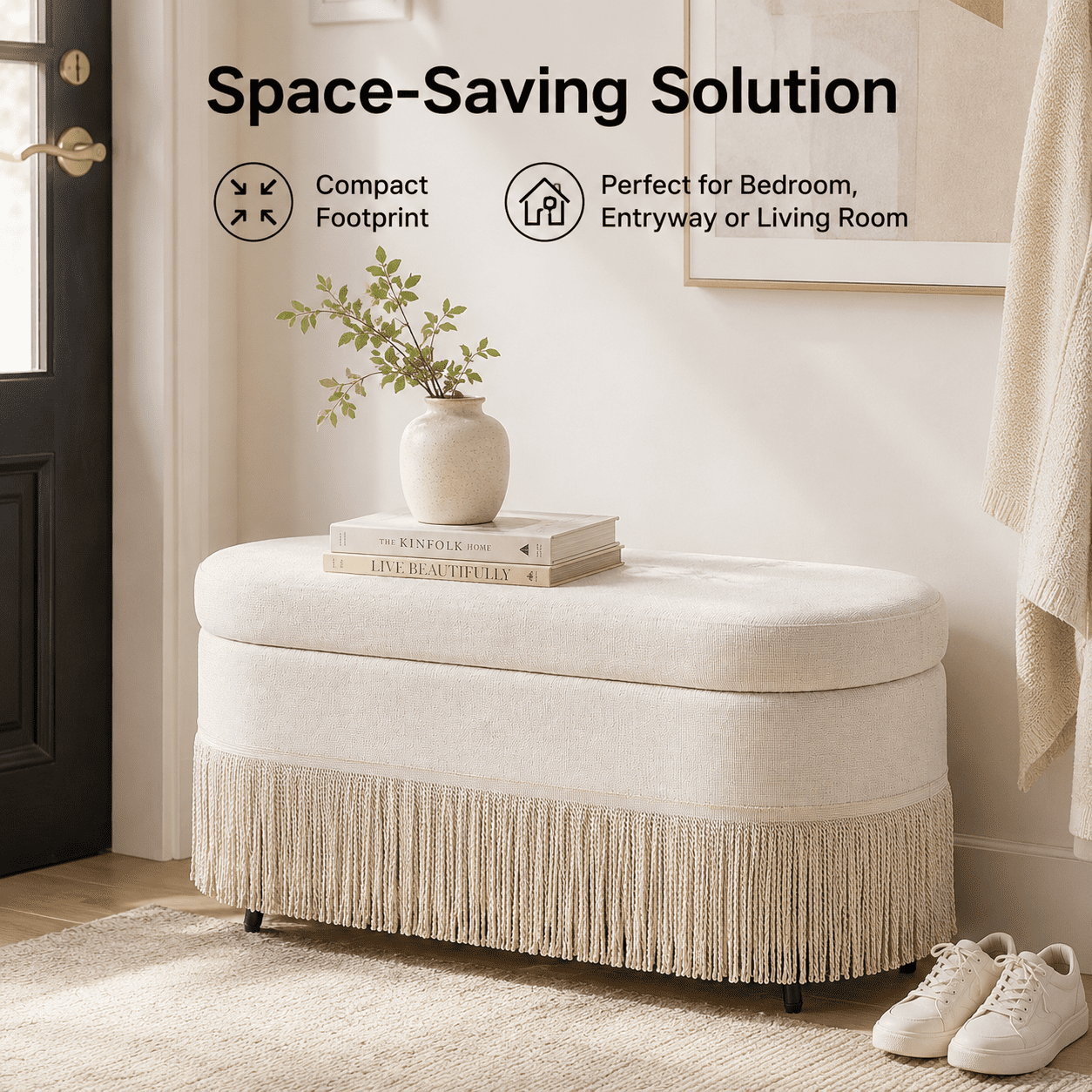 Aukfa Oval Storage Ottoman Bench with Tassel Trim, Upholstered End of Bed Bench with Hidden Storage, Metal Legs,Beige
