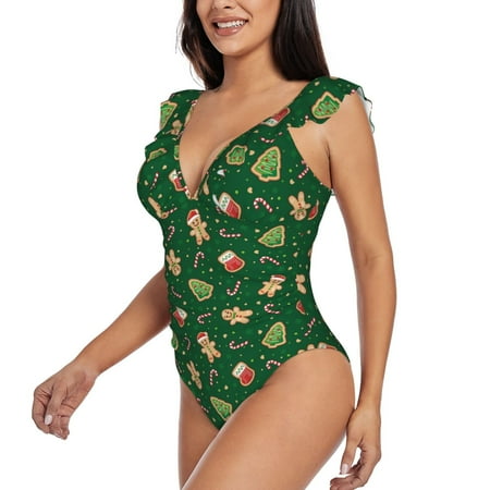 KLL green Christmas Element for Women s Ruffled One Piece Swimsuit Tummy Control Bathing Suit V Neck Swimwear