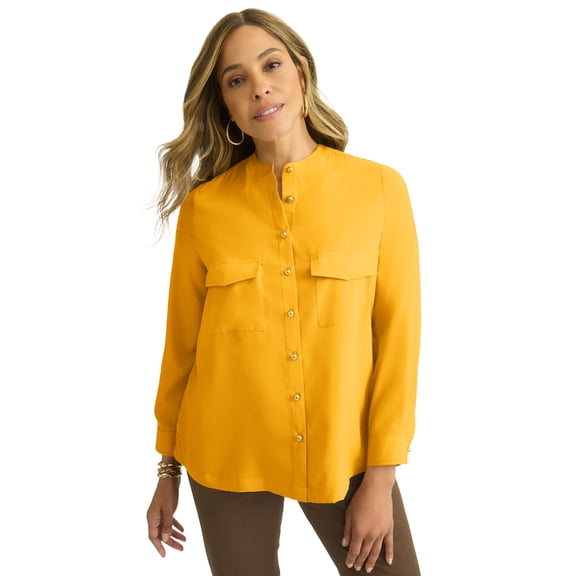 Jessica London Women's Plus Size Button-Front Chest Pocket Blouse