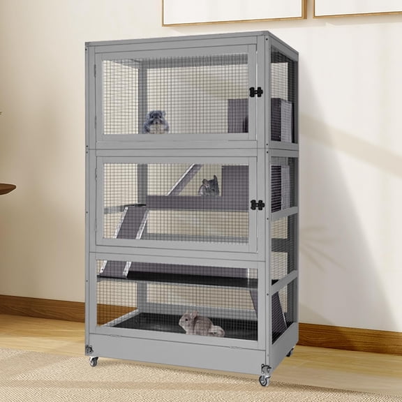 MEDEHOO Large Ferret Cage, Chinchilla Cage with Bite-Resistant Frame, Slide-Out Tray, Lockable Casters, Four-Story Critter Nation for Small Animal