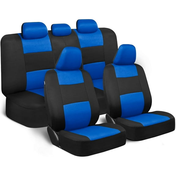 Car Seat Covers Full Set in Blue on Black, Front and Rear Split Bench Seat Covers for Cars, Easy to Install Car Seats Cover Set and Accessories for Auto Trucks Van SUV - Blue