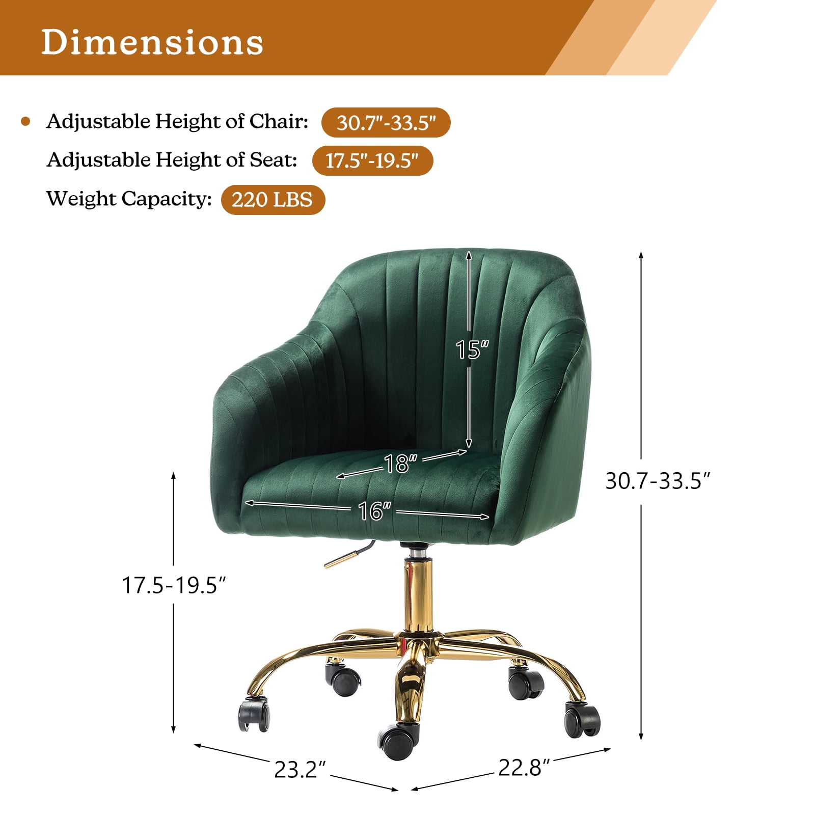 Velvet Office Desk Chair Rolling Vanity Armchair Swivel Adjustable Adult Green