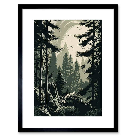Pine Tree Forest Sunrise Landscape Illustration Artwork Framed Wall Art Print 9X7 Inch