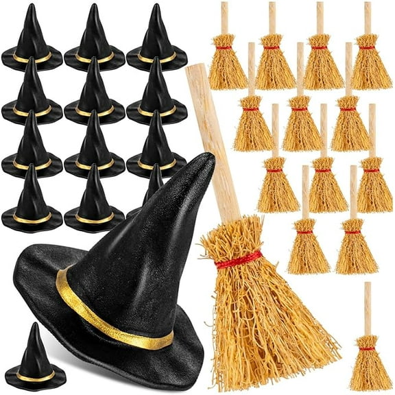 28 PCS Mini Witch Hat and Mini Brooms, Small Witch Hats for Crafts, Halloween Decorations, Halloween Party Favors