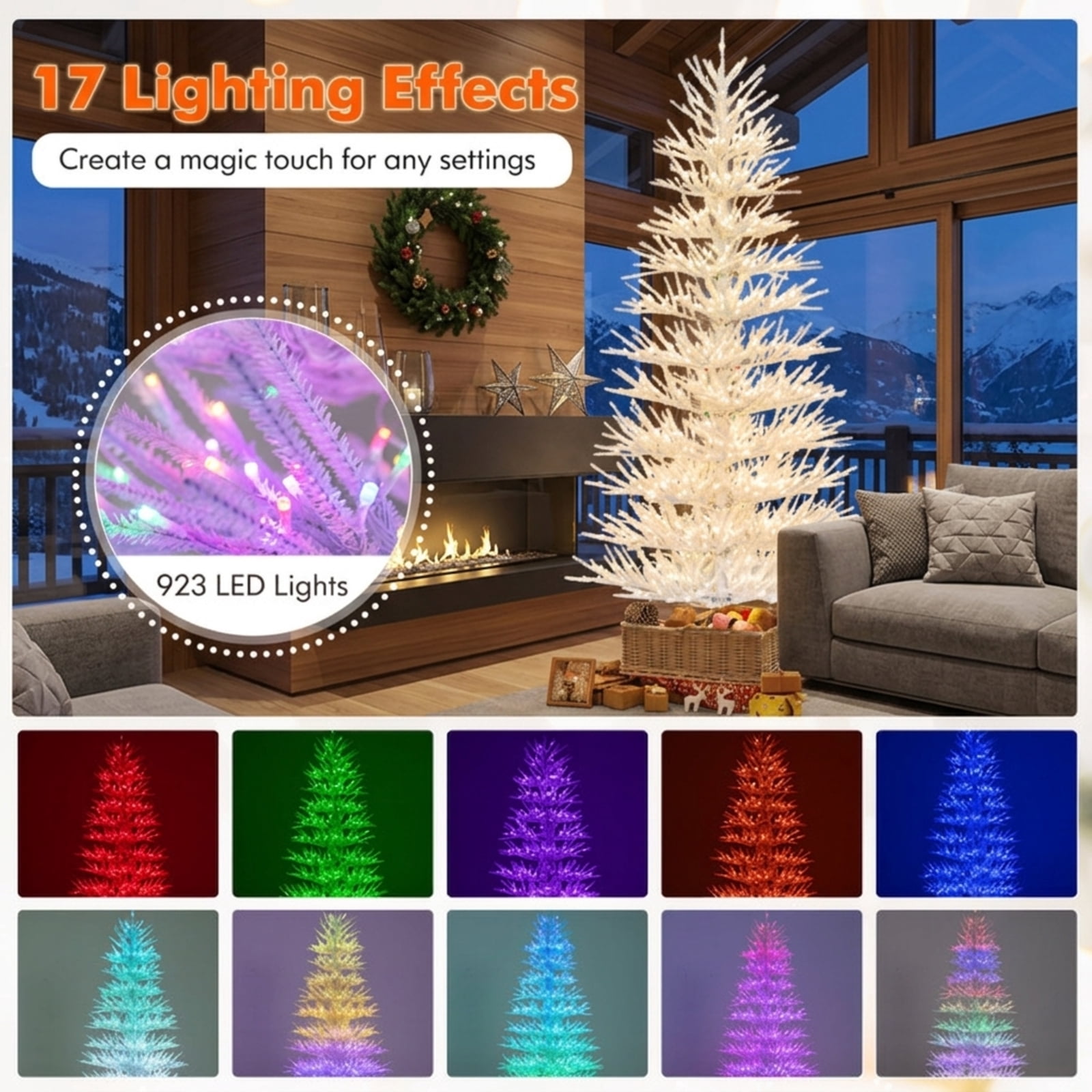 RUIE 7 ft White Christmas Tree, Pre-Lit Hinged Artificial Xmas Tree with 923 LED Lights and 820 Coral-Like Branch Tips for Home