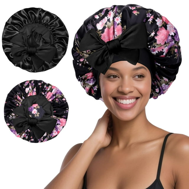 Gorro de seda satinada Arqumi para mujeres que duermen, 2 unidades, negro