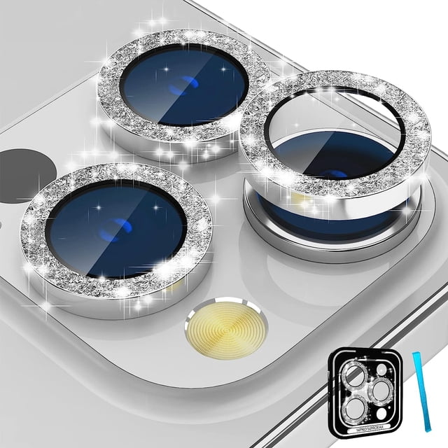 LAICAIW for iPhone 14 Pro/iPhone 14 Pro Max Camera Lens Protector Bling, HD Tempered Glass Shining Decoration Lens Screen Protector Individual Aluminum Alloy Metal Ring, Glitter Silver