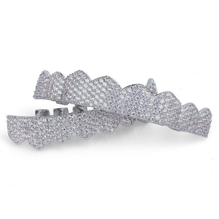 Reed Hip Hop Grills Set Silver Iced Out Micro Pave Top And Bottom Grillz 8 Teeth
