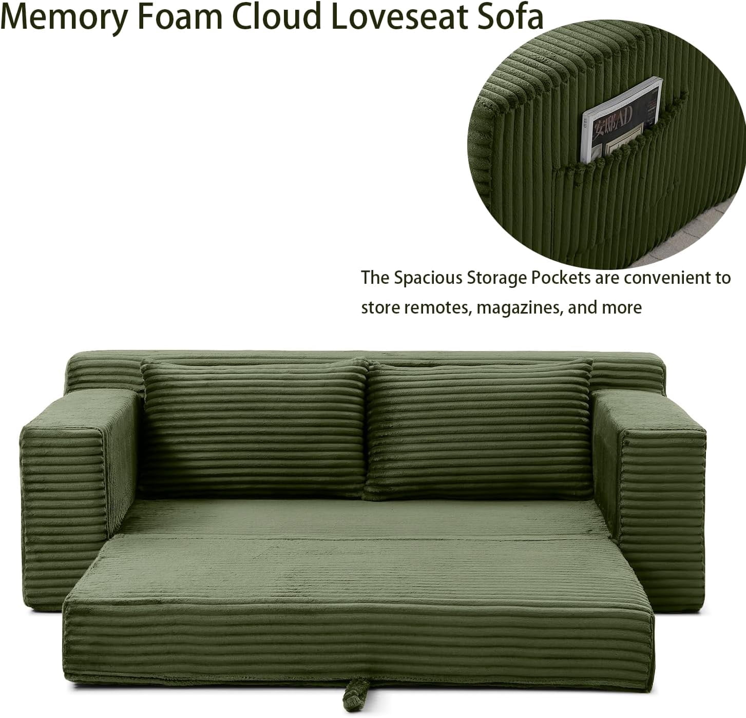 73" 2-in-1 Convertible Sofa Bed, Memory Foam Corduroy Loveseat, No Assembly, Green