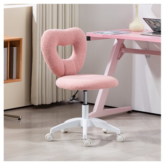 Pink Desk Chair, Armless Office Chair with Swivel, Teddy Fleece Vanity Chair, Adjustable Heart Back Computer Task Chair