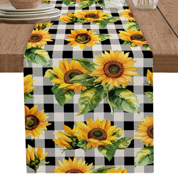 nqOlkjepod Sunflower Black Check Table Runner 120 Inches Long Farmhouse Dress Scarves, Spring Summer Flowers Botanical Dining Tablerunner for Coffee Table/Kitchen Island/Party Décor, 13" x 120"