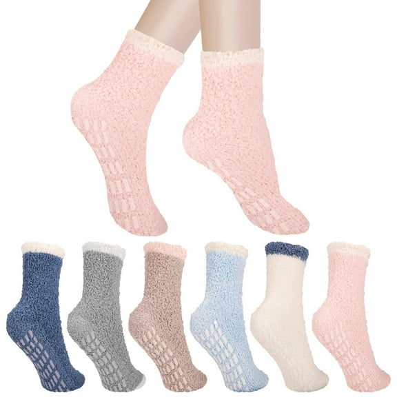Bocaoying 6 Pairs Fuzzy Non Slip Socks, Fuzzy Socks for Women, Hospital Slipper Socks with Grippers, Winter Fluffy Socks for Women(Grips A)