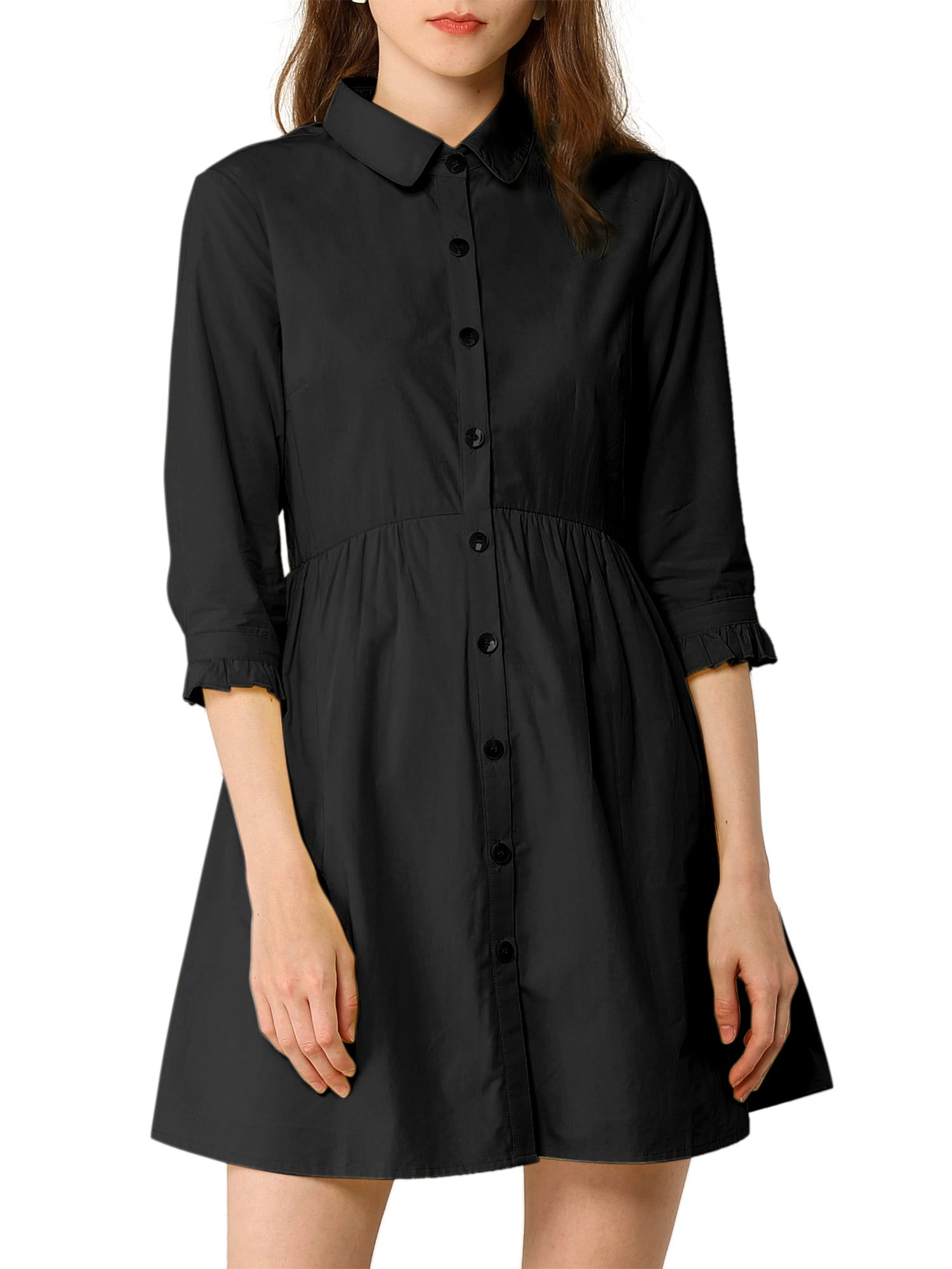 DARING DIVA Elegant Collar Flare 3/4 Sleeve Button Mini Shirt Dress S Black