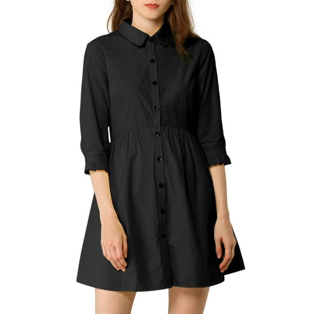 Vestido de camisa para mujer Inspire Chic con mangas 3/4, botones, mini vestido, negro, talla M