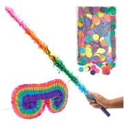 3x Rainbow Pinata Stick and Blindfold Sets with Round Confetti for Party, 30 In