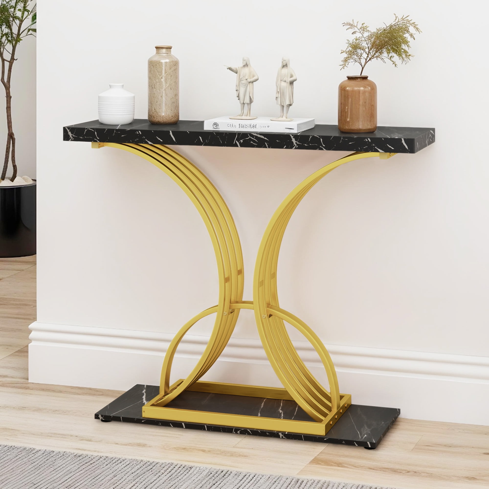 Uforic Luxury Console Entryway Table with Metal Base, Sofa Side Table, Black & Gold