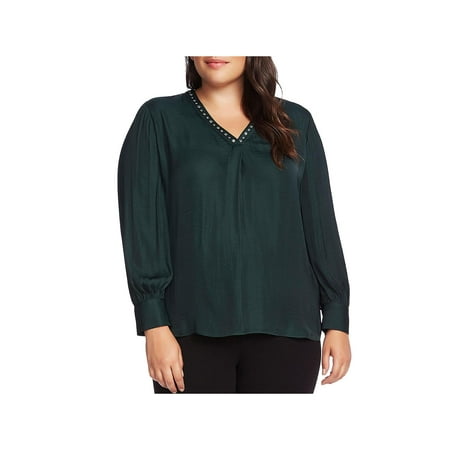 Vince Camuto Womens Plus Satin V-Neck Blouse Green 1X