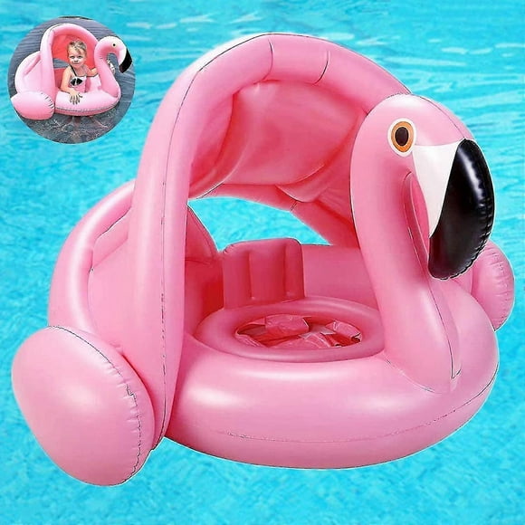 Inflatable Pink Flamingo Swimming Ring With Sun Protection Summer Pool Toy