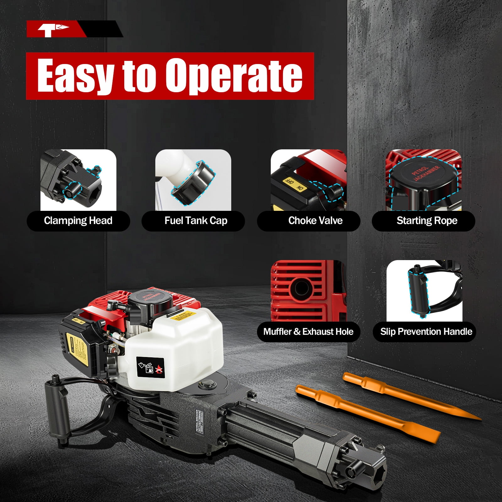 ChicHomey ​​1900W High-Performance Gas Demolition Jack Hammer,1500bpm Impact Frequency,Dual Chisels for Construction, Rock Breaking, Demolition​